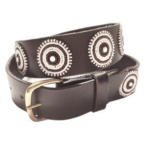 Unisex 34 Handmade Beaded Maasai Kenyan African Brown Leather Belt Circles